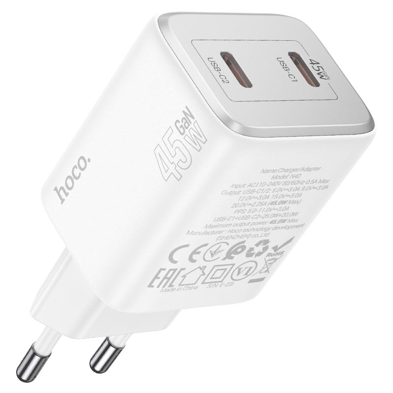 Φορτιστής δικτύου με καλώδιο Lightning HOCO N42, 45W, 3A, 2 x USB-C, λευκό