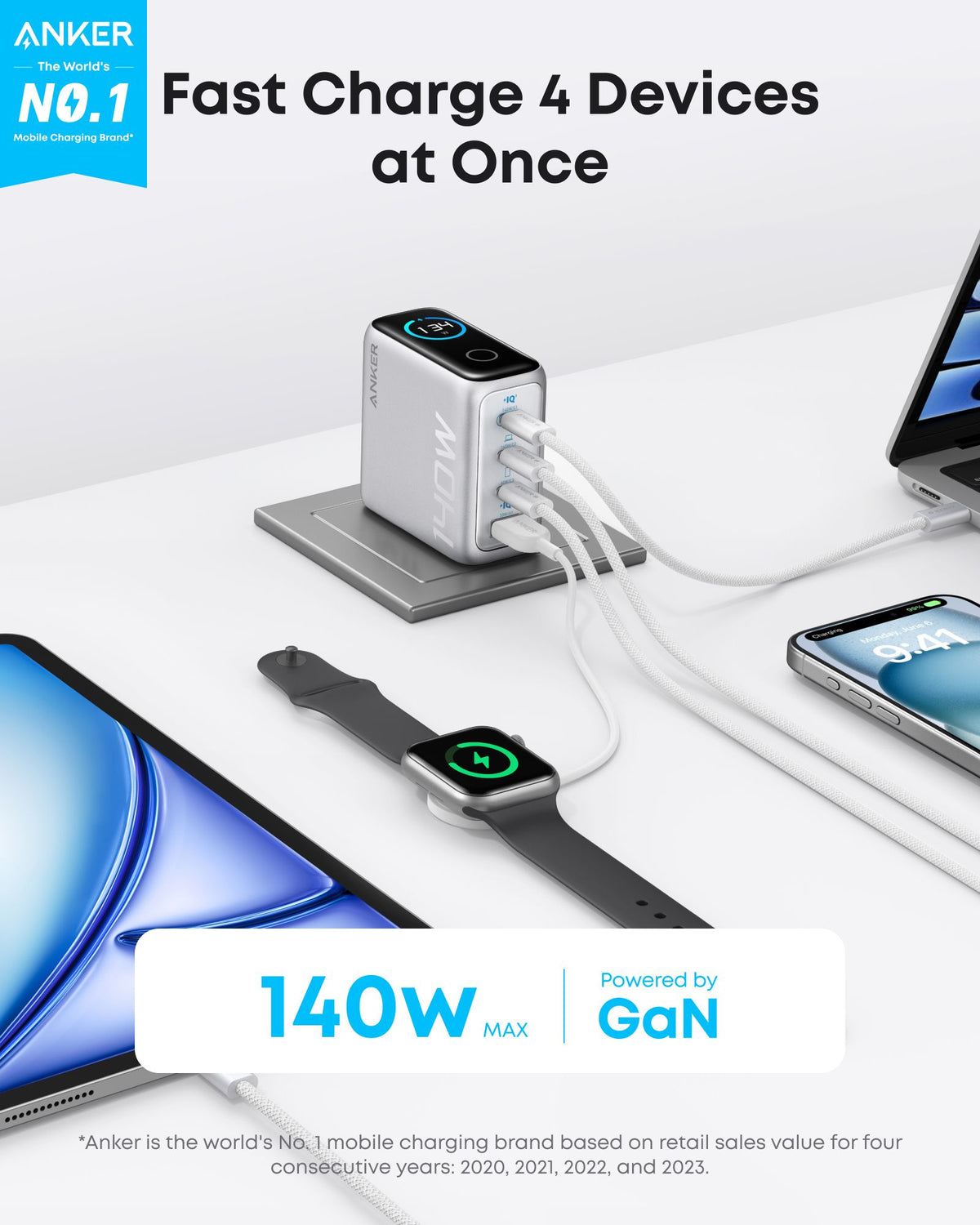 Φορτιστής Δικτύου με Καλώδιο USB-C Anker Zolo, 140W, 5A, 1 x USB-A - 3 x USB-C, Ασημί B2697G41