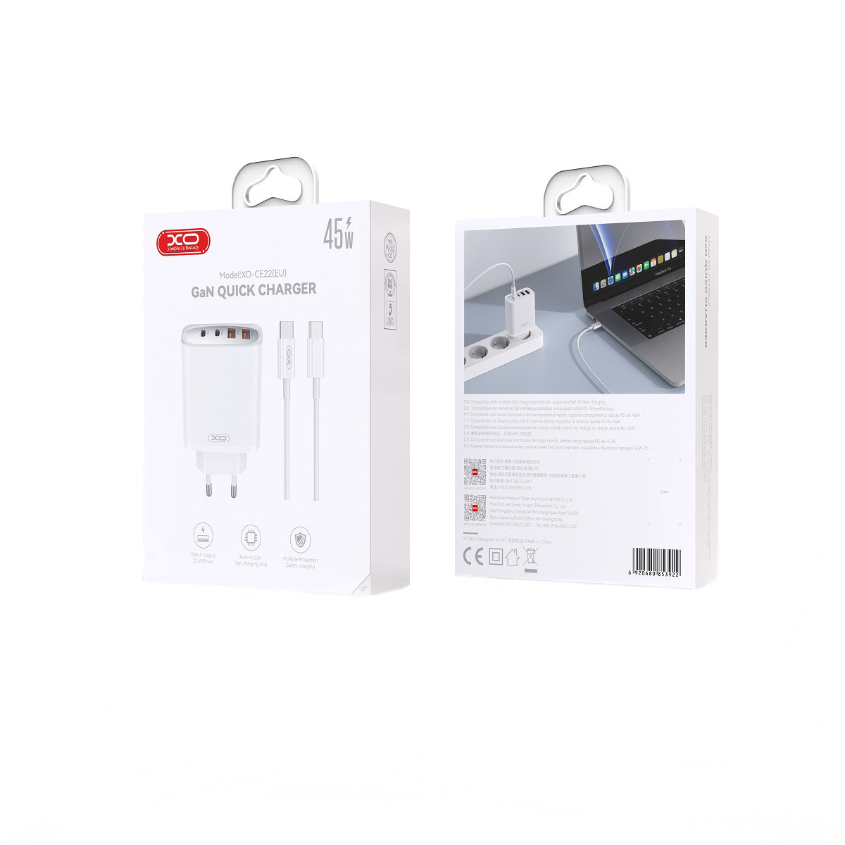 Φορτιστής Δικτύου με Καλώδιο USB-C XO Design CE22, 45W, 3A, 2 x USB-A - 2 x USB-C, Λευκό