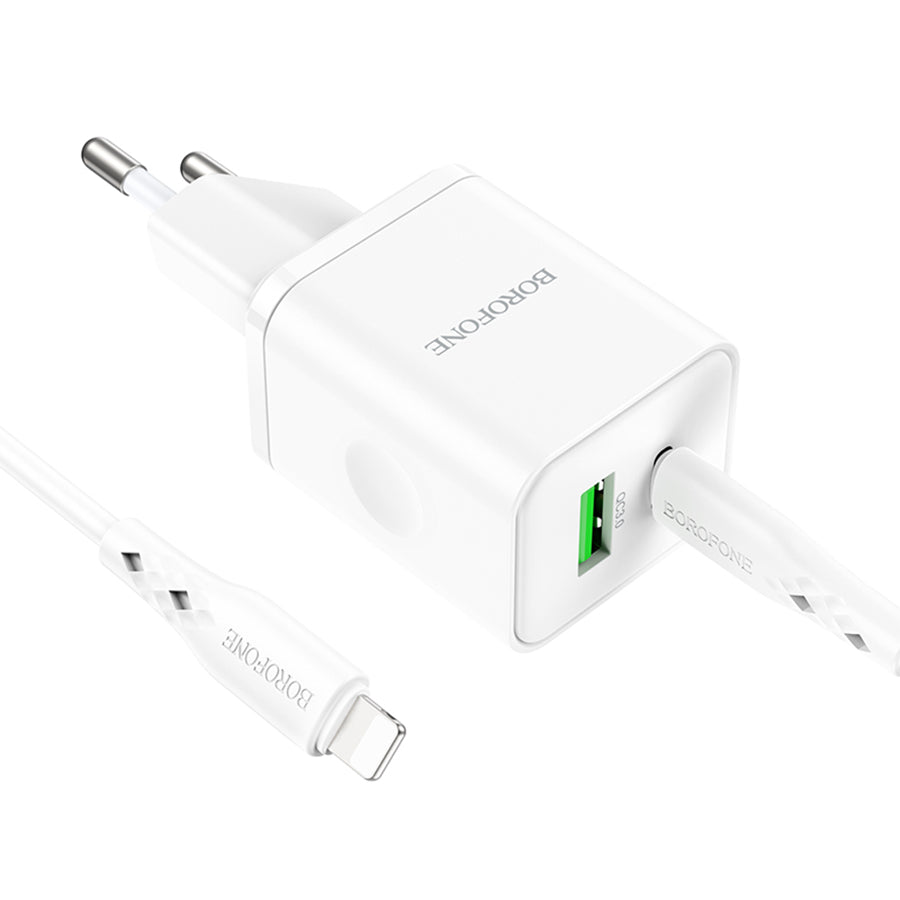 Φορτιστής Δικτύου με Καλώδιο Lightning Borofone BN7, 20W, 3A, 1 x USB-A - 1 x USB-C, Λευκό