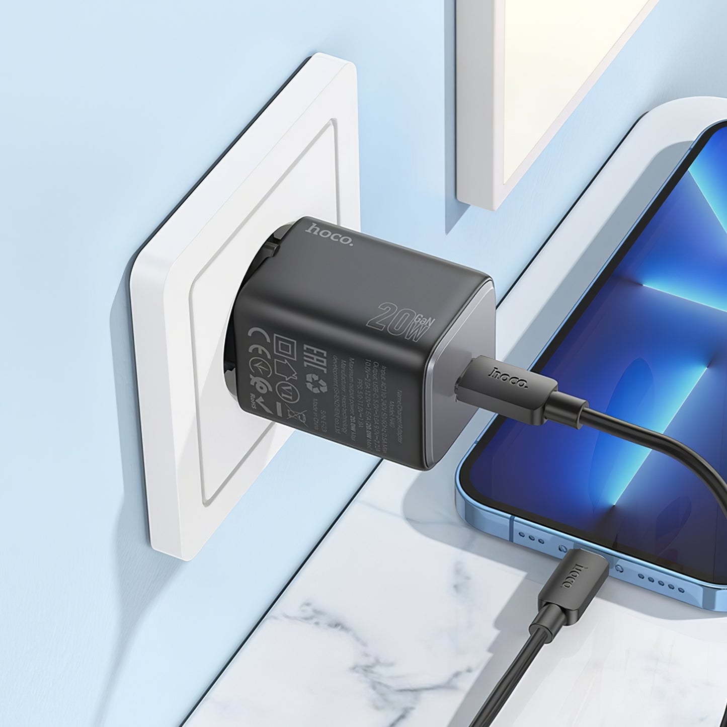 Φορτιστής δικτύου με καλώδιο Lightning HOCO N40, 20W, 3A, 1 x USB-C, Μαύρο