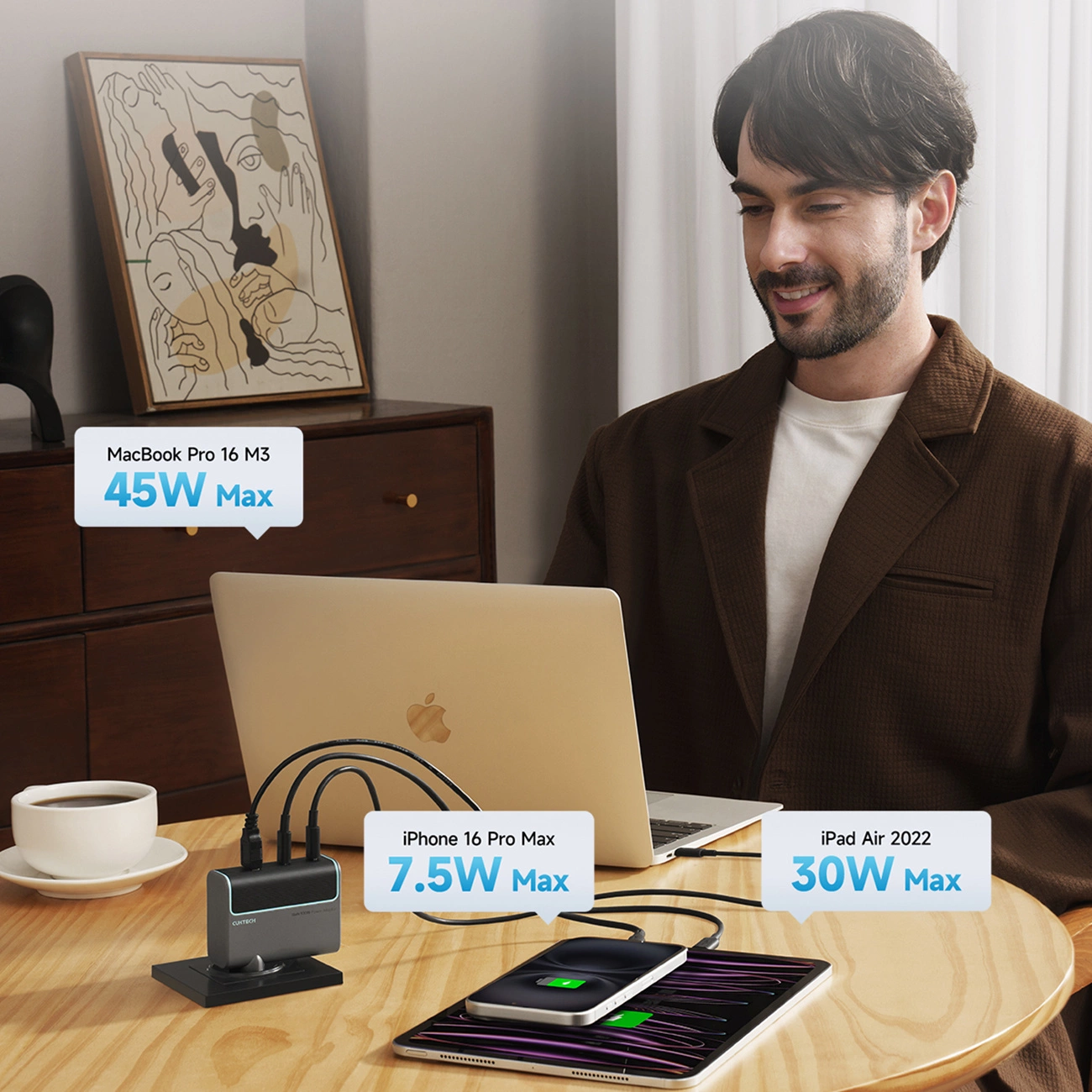 Φορτιστής Δικτύου με Καλώδιο USB-C Cuktech, 100W, 5A, 1 x USB-A - 2 x USB-C, Γκρι CUKAD1003EUG