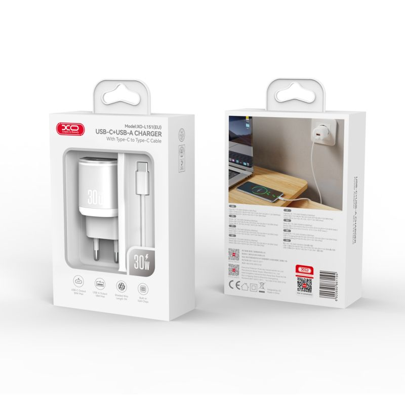 Φορτιστής Δικτύου με Καλώδιο USB-C XO Design L151, 30W, 3A, 1 x USB-A - 1 x USB-C, Λευκό