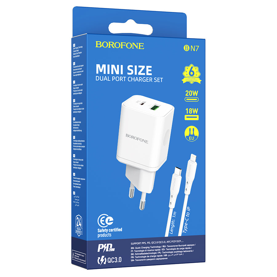 Φορτιστής Δικτύου με Καλώδιο Lightning Borofone BN7, 20W, 3A, 1 x USB-A - 1 x USB-C, Λευκό