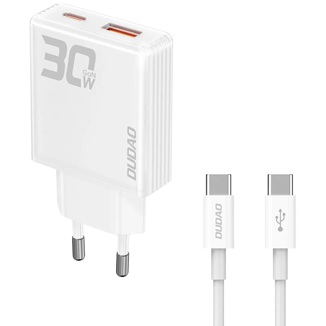 Dudao A30EUT Φορτιστής δικτύου με καλώδιο USB-C, 30W, 3A, 1 x USB-A - 1 x USB-C, Λευκό