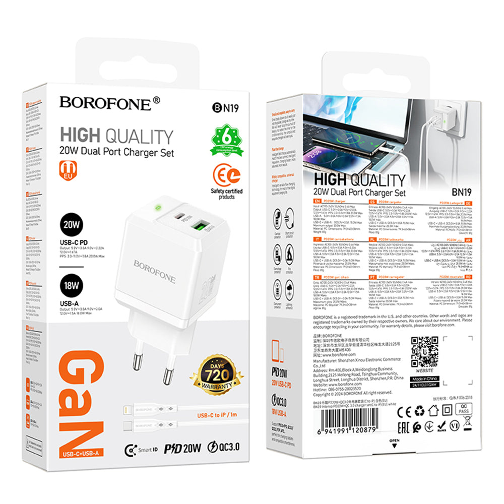 Φορτιστής Δικτύου με Καλώδιο Lightning Borofone BN19 Intenso, 20W, 3A, 1 x USB-A - 1 x USB-C, Λευκό