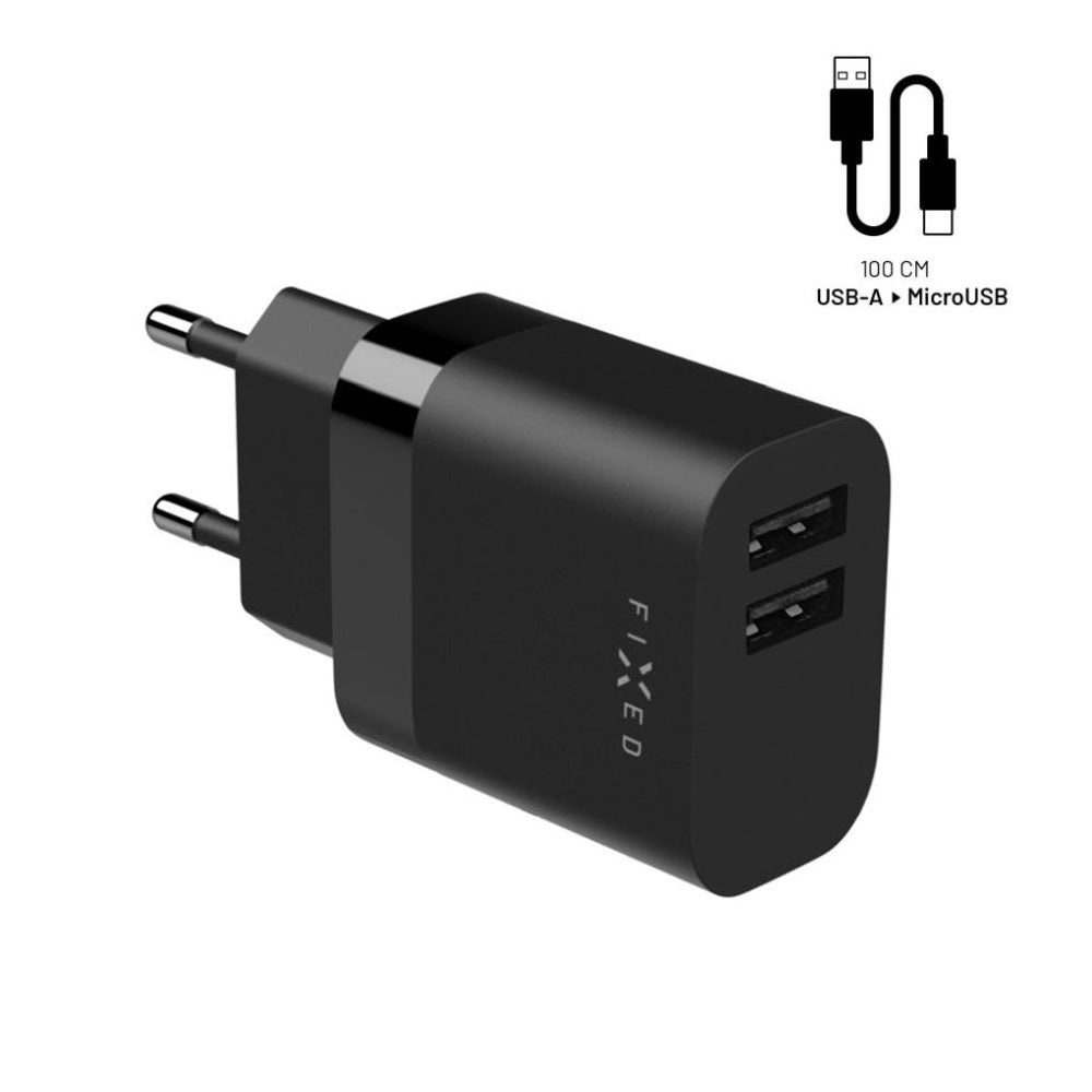 Φορτιστής Δικτύου με Καλώδιο microUSB Fixed, 17W, 3A, 2 x USB-A, Μαύρο