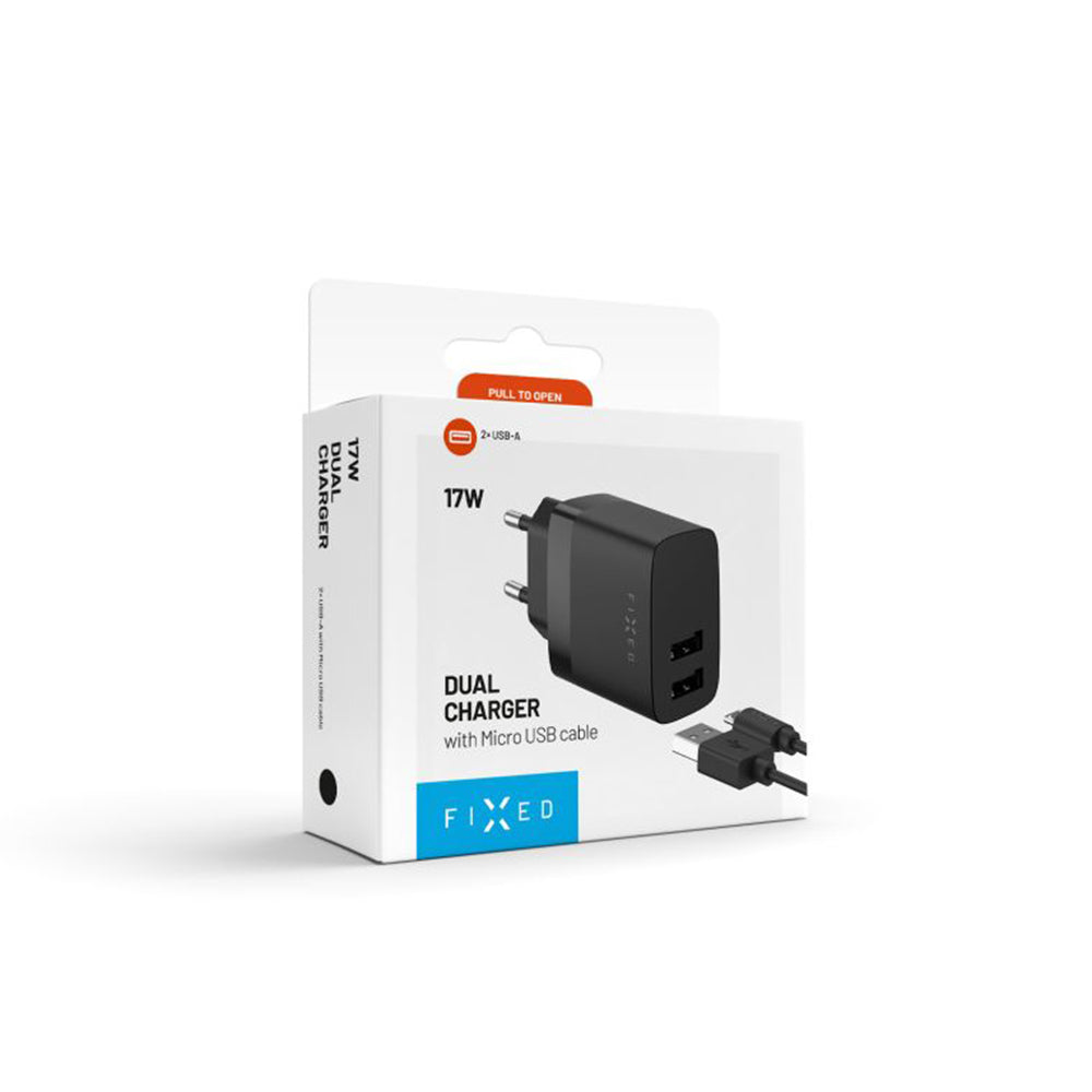 Φορτιστής Δικτύου με Καλώδιο microUSB Fixed, 17W, 3A, 2 x USB-A, Μαύρο