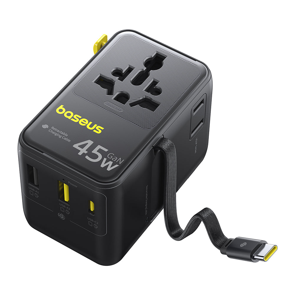 Φορτιστής Δικτύου με Καλώδιο USB-C Baseus Travel PicoGo AG11, 45W, 2 x Πρίζα - 1 x USB-C - 2 x USB-A, Μαύρο E0307F00
