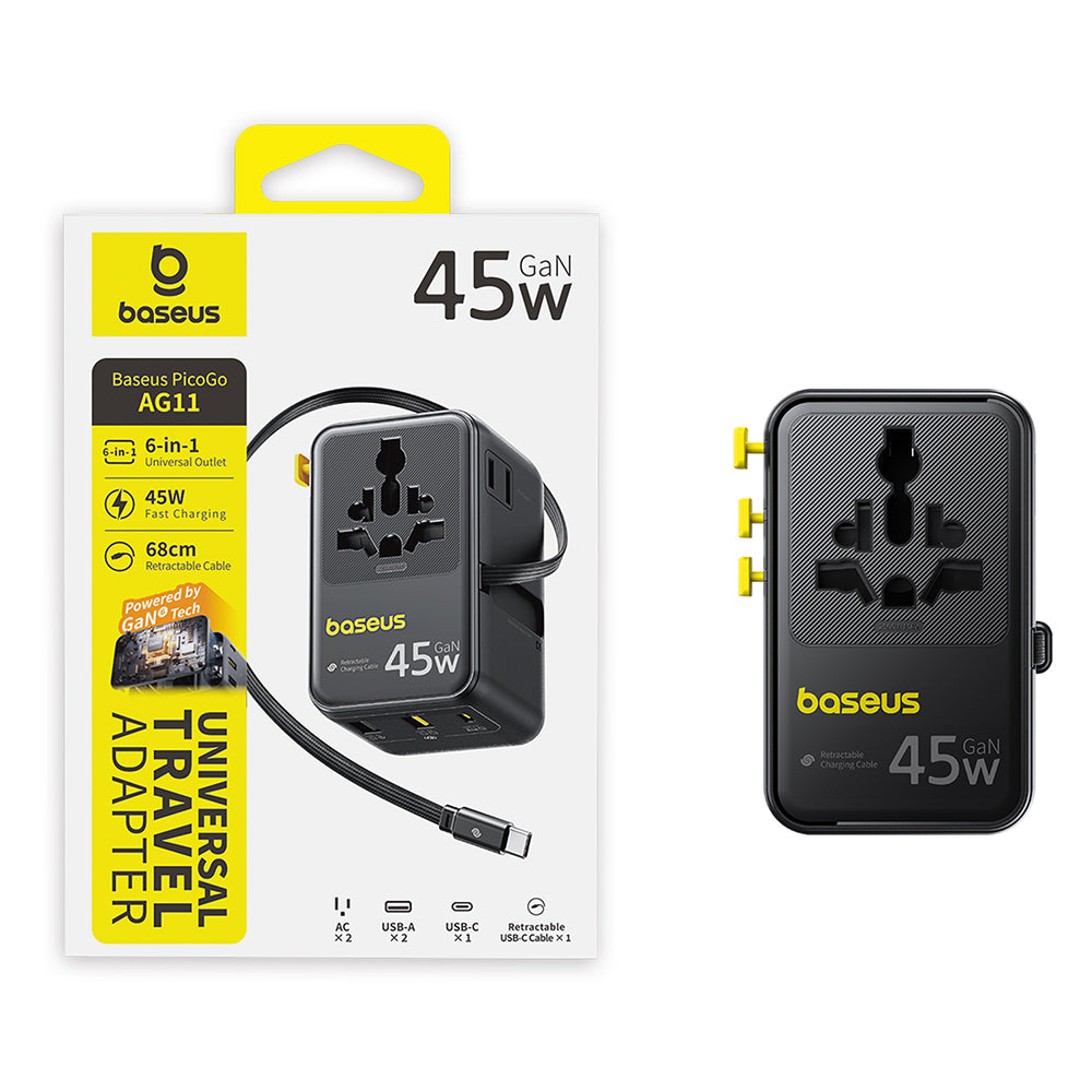 Φορτιστής Δικτύου με Καλώδιο USB-C Baseus Travel PicoGo AG11, 45W, 2 x Πρίζα - 1 x USB-C - 2 x USB-A, Μαύρο E0307F00