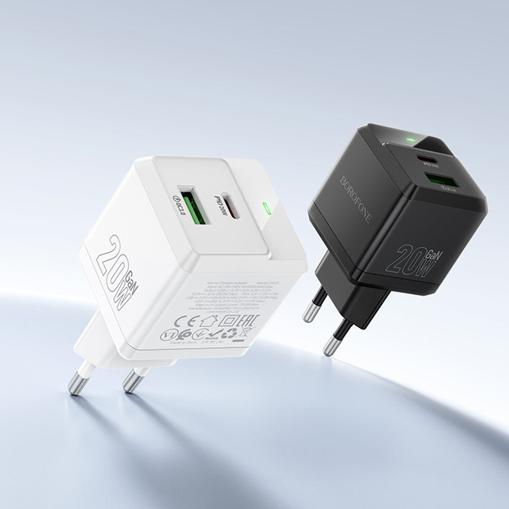Φορτιστής Δικτύου με Καλώδιο USB-C Borofone BN19 Intenso, 20W, 3A, 1 x USB-A - 1 x USB-C, Λευκό