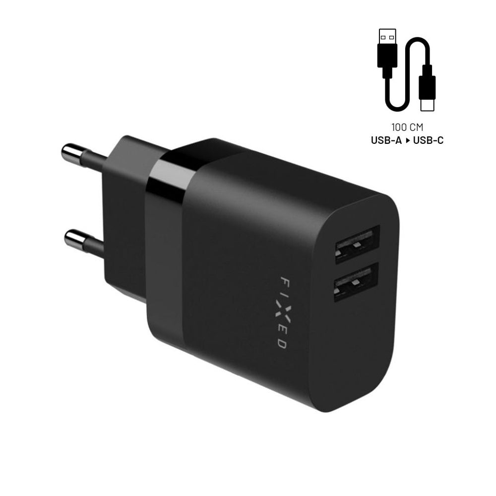 Φορτιστής Δικτύου με Καλώδιο USB-C Fixed, 17W, 3A, 2 x USB-A, Μαύρο