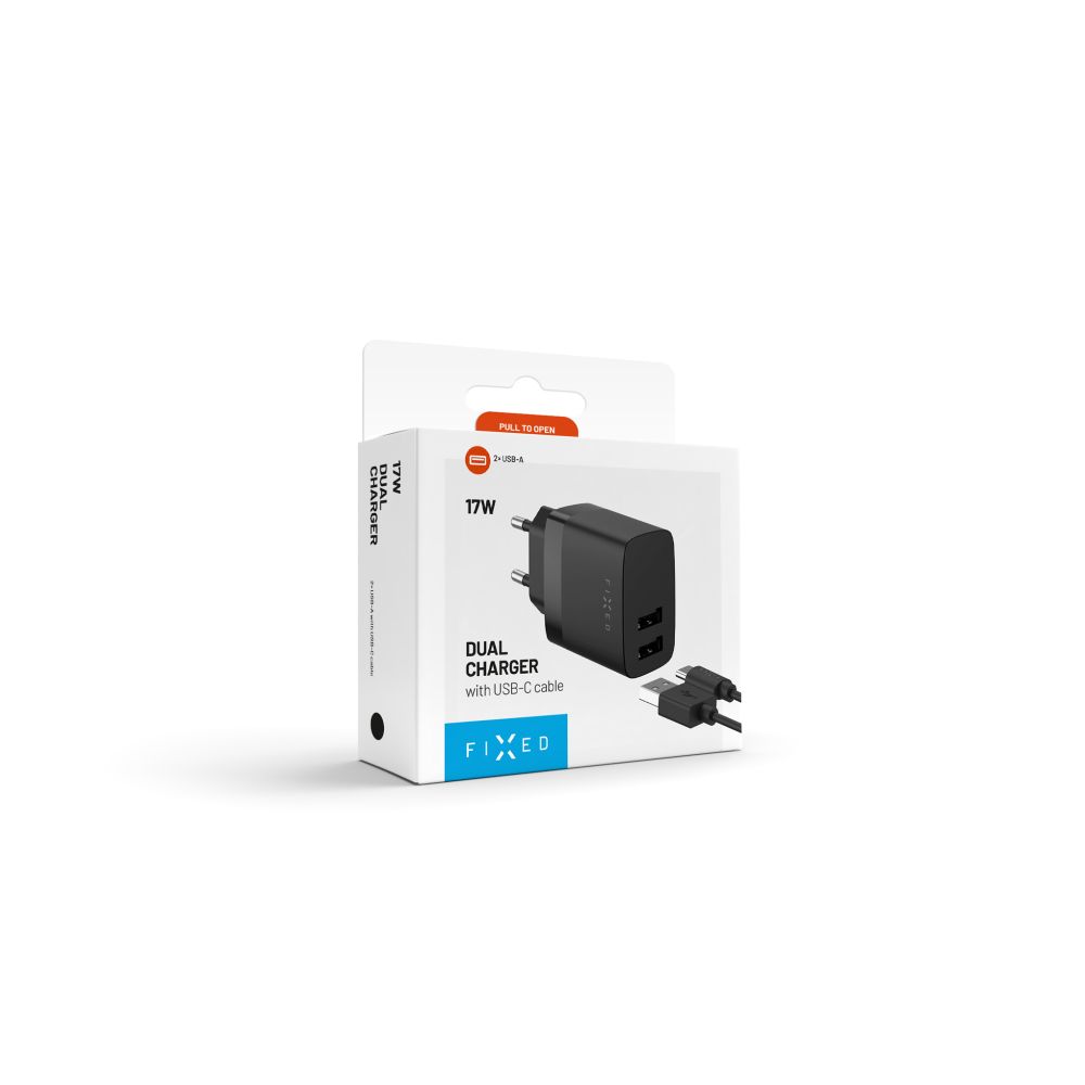 Φορτιστής Δικτύου με Καλώδιο USB-C Fixed, 17W, 3A, 2 x USB-A, Μαύρο