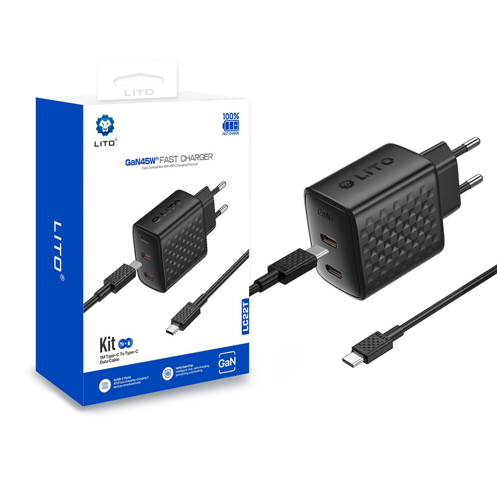 Φορτιστής Δικτύου με Καλώδιο USB-C Lito LC22T, 45W, 3A, 2 x USB-C, Μαύρο