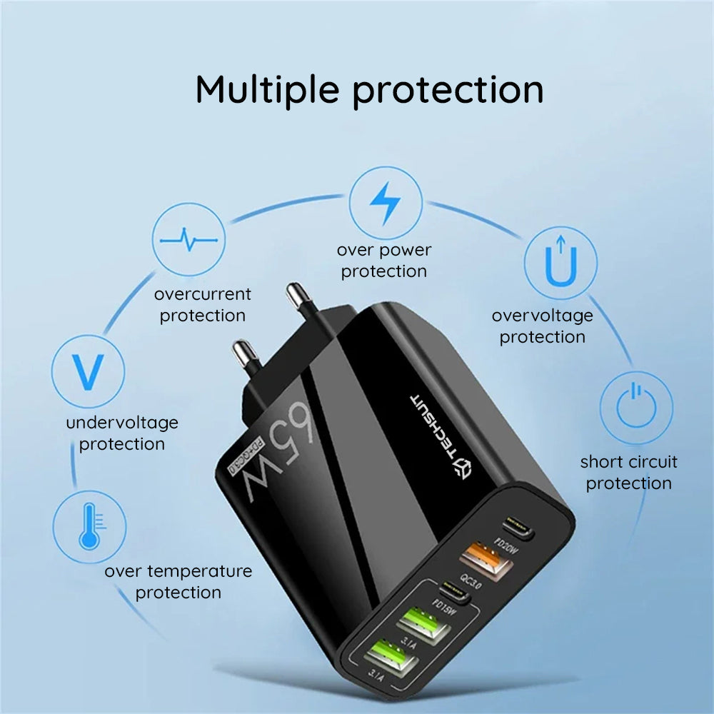 Network Charger with USB-C Cable Techsuit CHC2 PentaXPower, 20W, 3A, 3 x USB-A - 2 x USB-C, Black