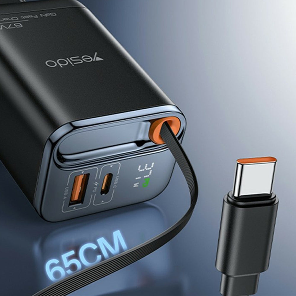 Φορτιστής Δικτύου με Καλώδιο USB-C Yesido YC100 Display, 67W, 3.35A, 1 x USB-A - 1 x USB-C, Μαύρο
