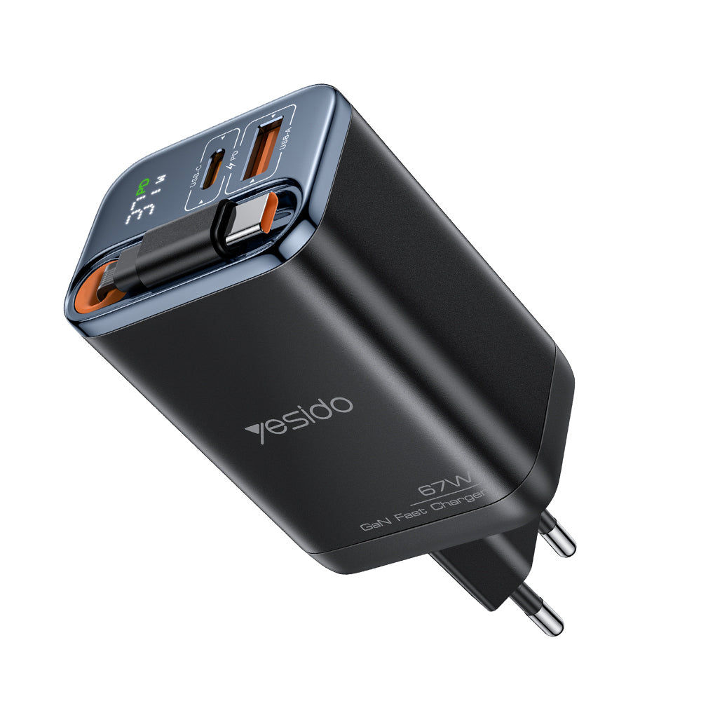 Φορτιστής Δικτύου με Καλώδιο USB-C Yesido YC100 Display, 67W, 3.35A, 1 x USB-A - 1 x USB-C, Μαύρο