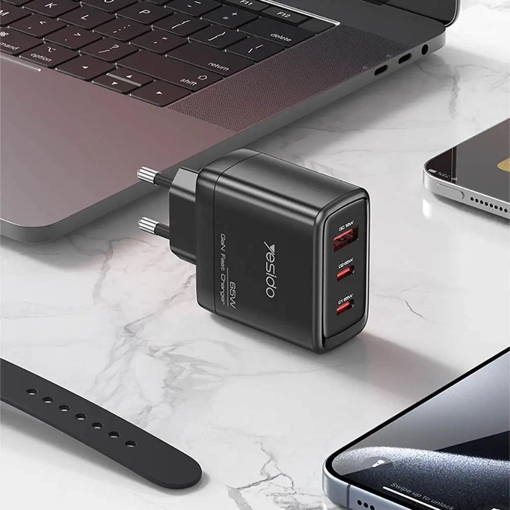 Φορτιστής Δικτύου με Καλώδιο USB-C Yesido YC144C, 65W, 3.25A, 1 x USB-A - 2 x USB-C, Μαύρο