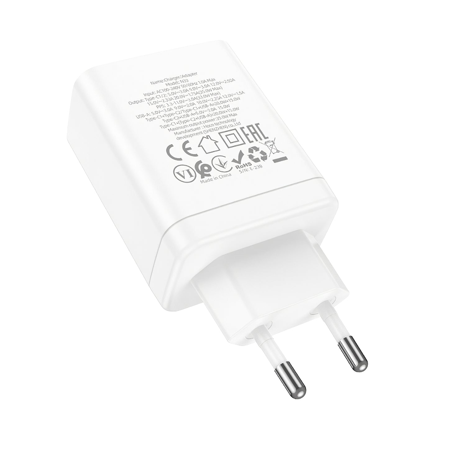 Φορτιστής δικτύου HOCO N33, 35W, 3A, 1 x USB-A - 2 x USB-C, Λευκό