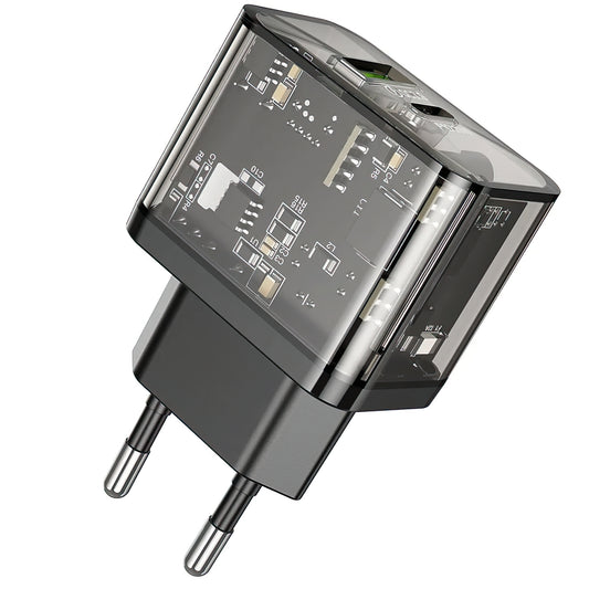 Φορτιστής Δικτύου HOCO N34, 20W, 3A, 1 x USB-A - 1 x USB-C, Διάφανο