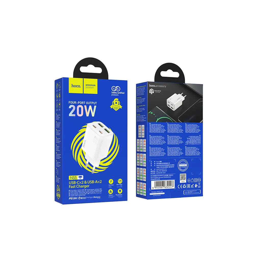 HOCO N56 Network Charger, 30W, 3A, 2 x USB-A - 2 x USB-C, White
