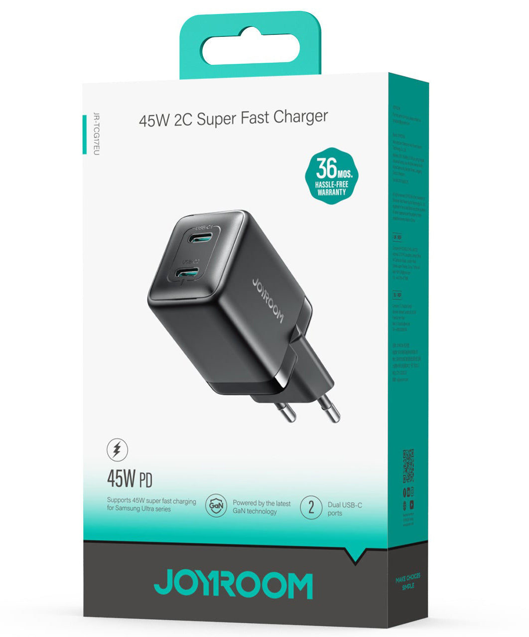 Φορτιστής Δικτύου Joyroom JR-TCG17, 45W, 3A, 2 x USB-C, Μαύρο