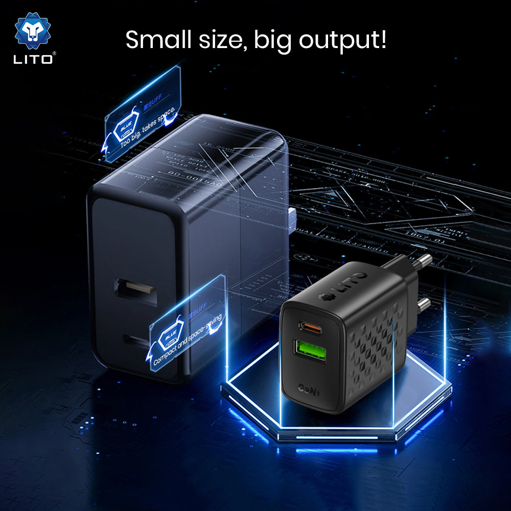 Φορτιστής Δικτύου Lito LC24, 65W, 3.25A, 1 x USB-A - 1 x USB-C, Μαύρο