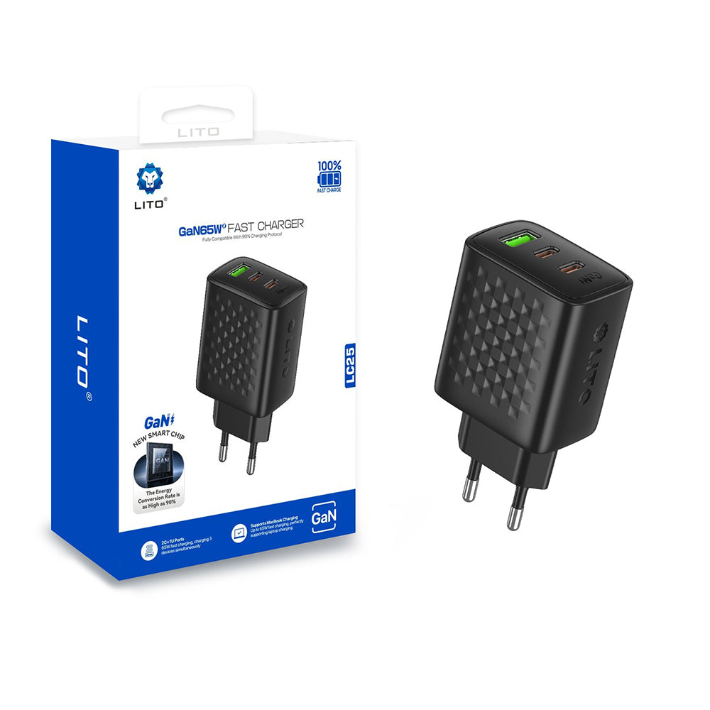 Φορτιστής Δικτύου Lito LC25, 65W, 3.25A, 1 x USB-A - 2 x USB-C, Μαύρο