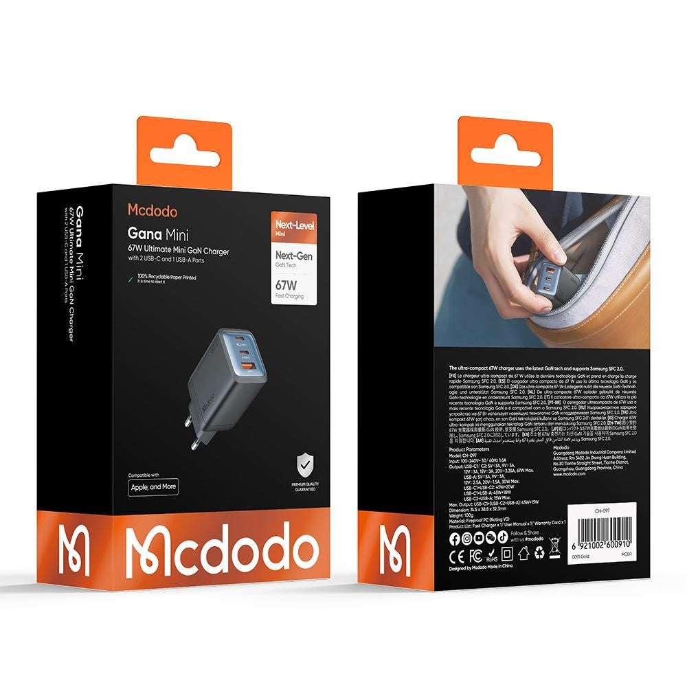 Φορτιστής Δικτύου McDodo CH-0970 Gana Mini, 67W, 3A, 1 x USB-A - 2 x USB-C, Μαύρο