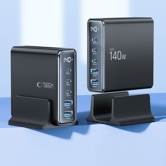 Φορτιστής δικτύου Tech-Protect DC140W DC140W, 140W, 3A, 2 x USB-A - 3 x USB-C, Μαύρο