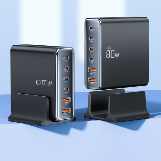 Φορτιστής δικτύου Tech-Protect DC80W, 80W, 3A, 2 x USB-A - 4 x USB-C, Μαύρο