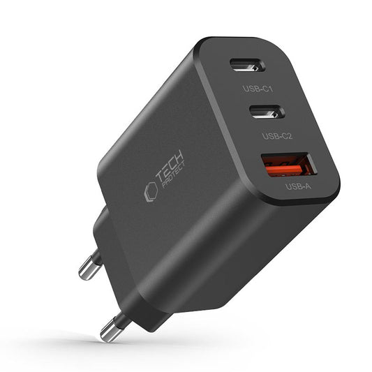 Φορτιστής δικτύου Tech-Protect NC30W, 30W, 3A, 1 x USB-A - 2 x USB-C, Μαύρο