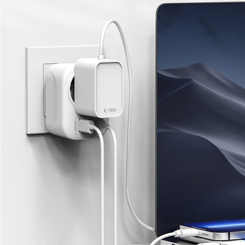 Φορτιστής Δικτύου Tech-Protect TA100 Travel UK, 20W, 3A, 1 x Schuko - 1 x USB-A - 1 x USB-C, Λευκό
