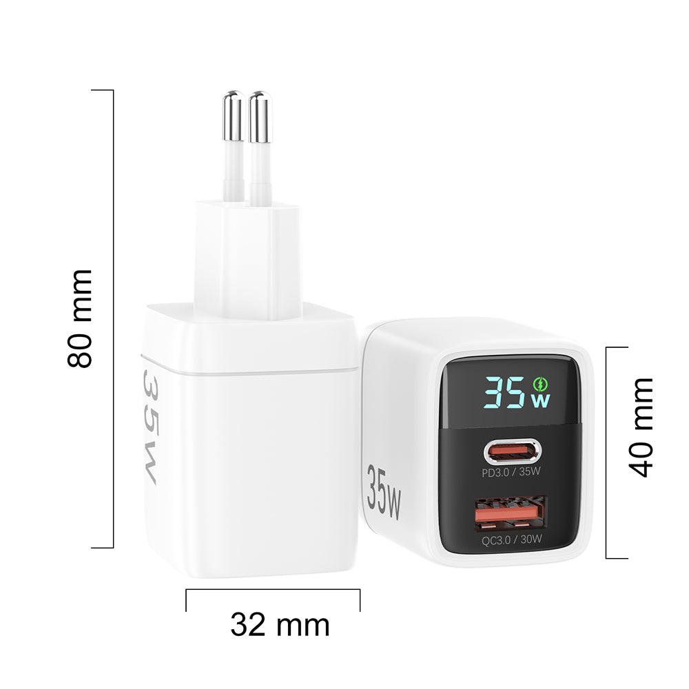 Φορτιστής Δικτύου Techsuit CH3 LEDChargX Display, 35W, 3A, 1 x USB-A - 1 x USB-C, Λευκό