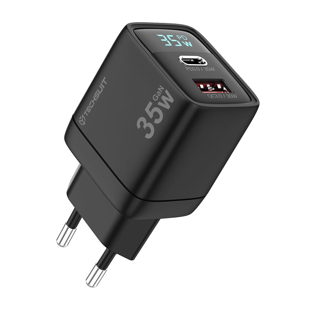Φορτιστής Δικτύου Techsuit CH3 LEDChargX Display, 35W, 3A, 1 x USB-A - 1 x USB-C, Μαύρο