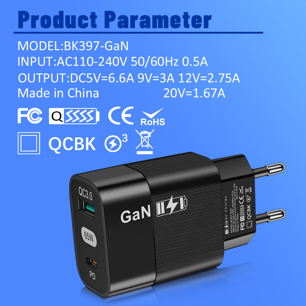 Φορτιστής Δικτύου Techsuit CHPD131, 65W, 3.25A, 1 x USB-A - 1 x USB-C, Μαύρο