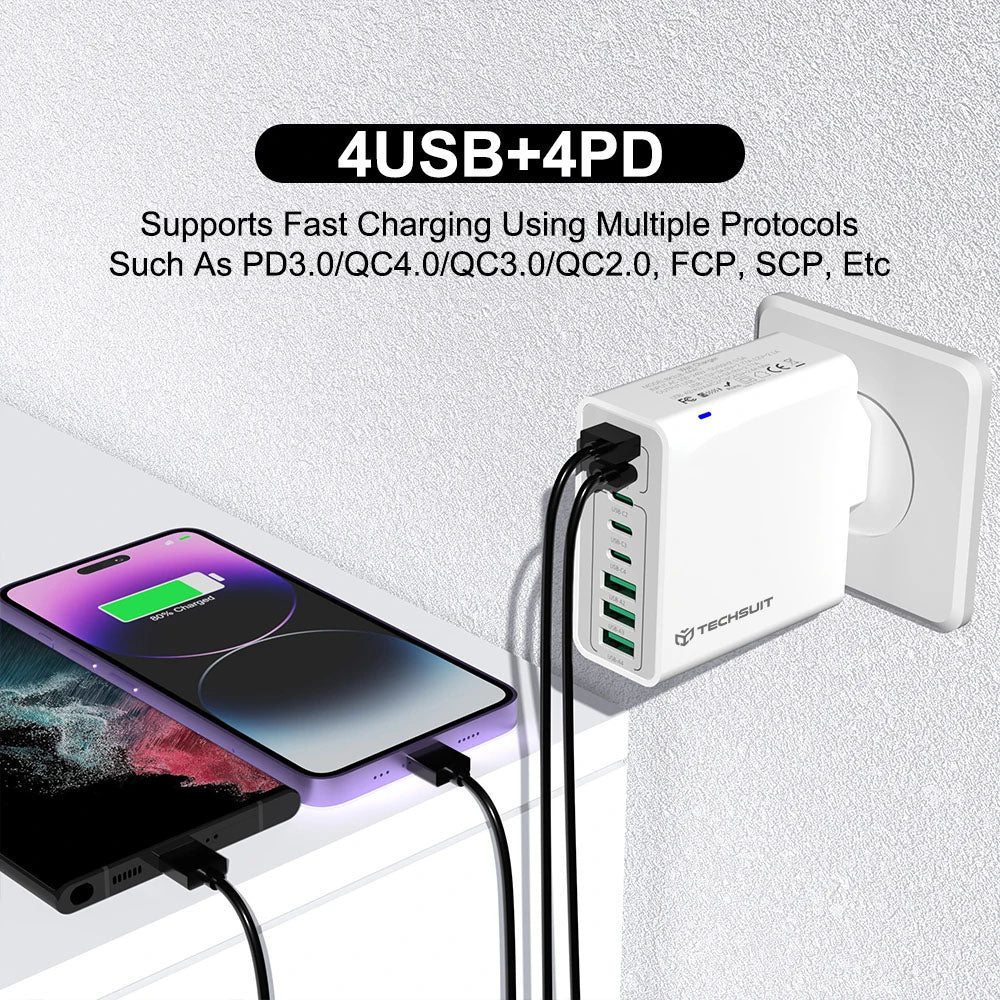 Φορτιστής Δικτύου Techsuit CHPD224, 65W, 3.25A, 4 x USB-A - 4 x USB-C, Λευκό