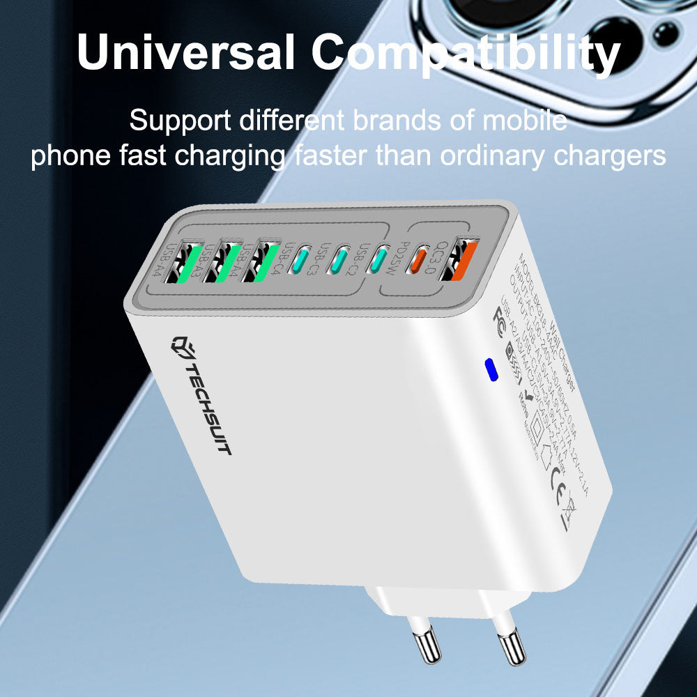 Φορτιστής Δικτύου Techsuit CHPD224, 65W, 3.25A, 4 x USB-A - 4 x USB-C, Λευκό