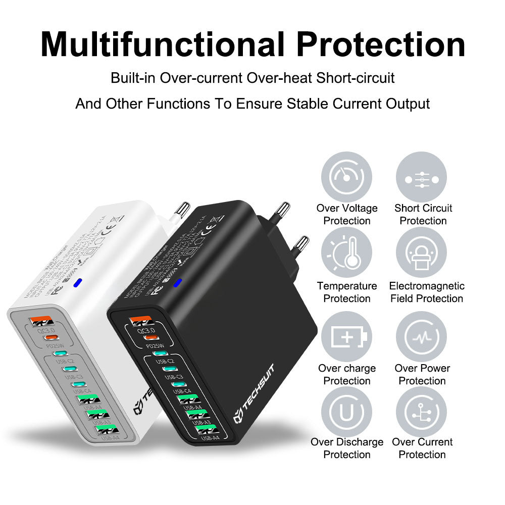 Φορτιστής Δικτύου Techsuit CHPD224, 65W, 3.25A, 4 x USB-A - 4 x USB-C, Μαύρο