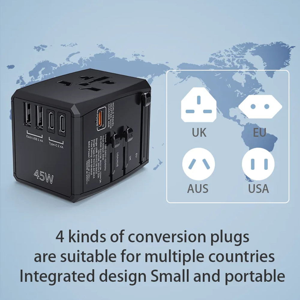 Φορτιστής Δικτύου Techsuit HHT905 Travel, 45W, 3A, 2 x USB-A - 2 x USB-C, Μαύρο