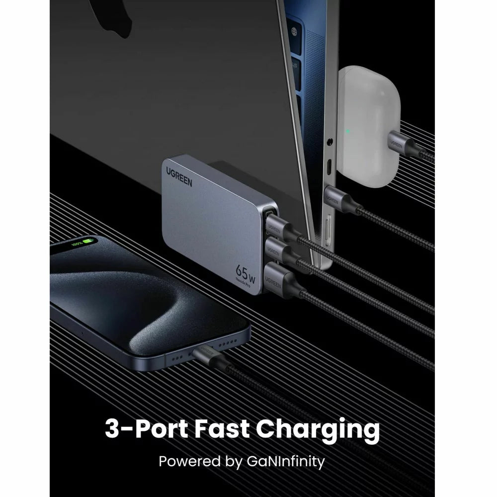 Φορτιστής δικτύου UGREEN X753 Nexode Pro, 65W, 3A, 1 x USB-A - 2 x USB-C, γκρι