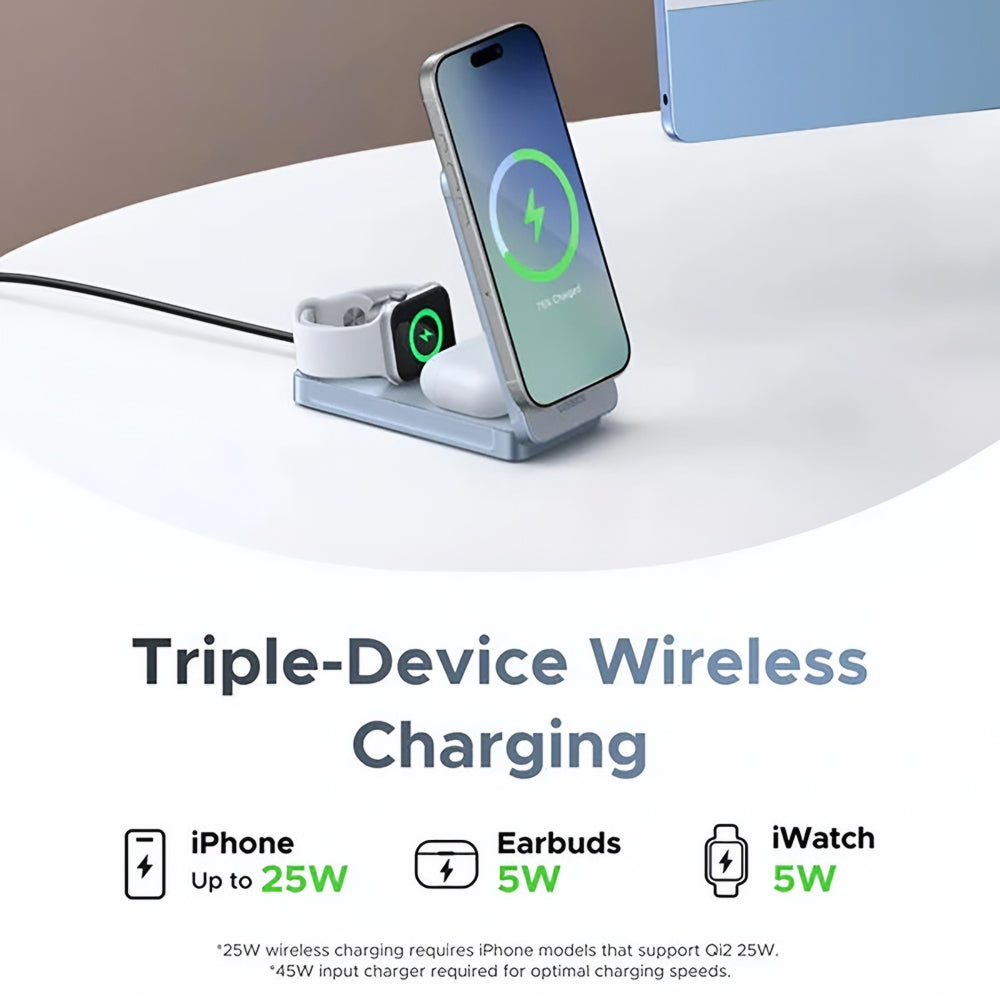Ασύρματος Φορτιστής Δικτύου UGREEN W757 (65901) 3σε1, 25W, Μπλε