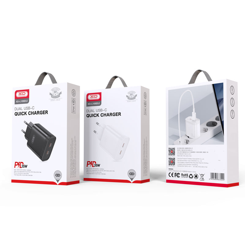 Φορτιστής δικτύου XO Design L105, 35W, 3A, 2 x USB-C, Μαύρο