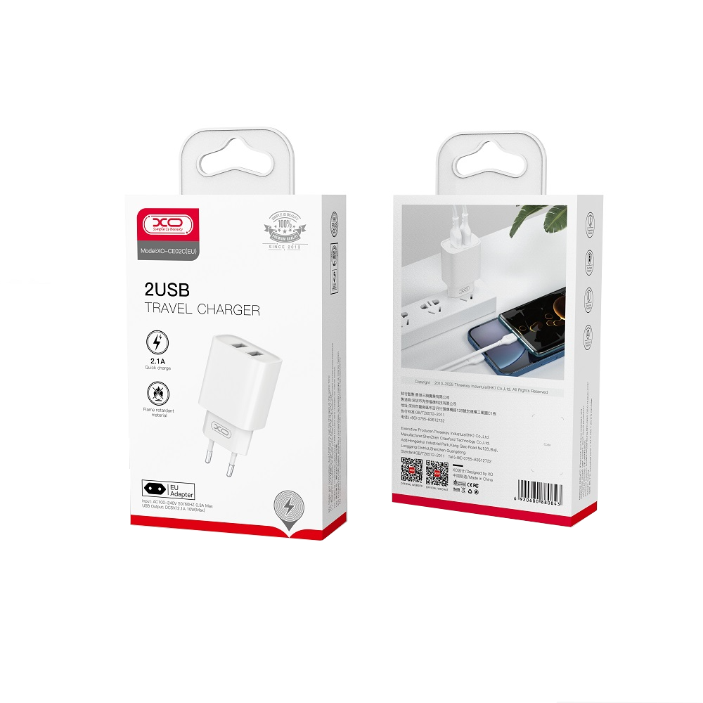 Φορτιστής Δικτύου XO Design CE02C, 10.5W, 2.1A, 2 x USB-A, Λευκό