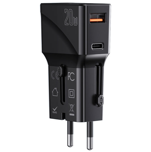 Φορτιστής δικτύου Yesido MC17 Travel, 20W, 3A, 1 x USB-A - 1 x USB-C, Μαύρο