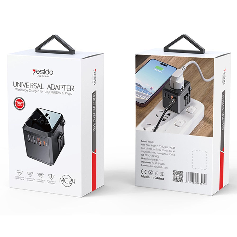 Yesido MC24 Travel Network Charger, 20W, 3A, 3 x USB-A - 1 x USB-C, Black