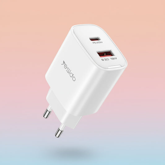 Φορτιστής Δικτύου Yesido YC02E, 20W, 3A, 1 x USB-A - 1 x USB-C, Λευκό