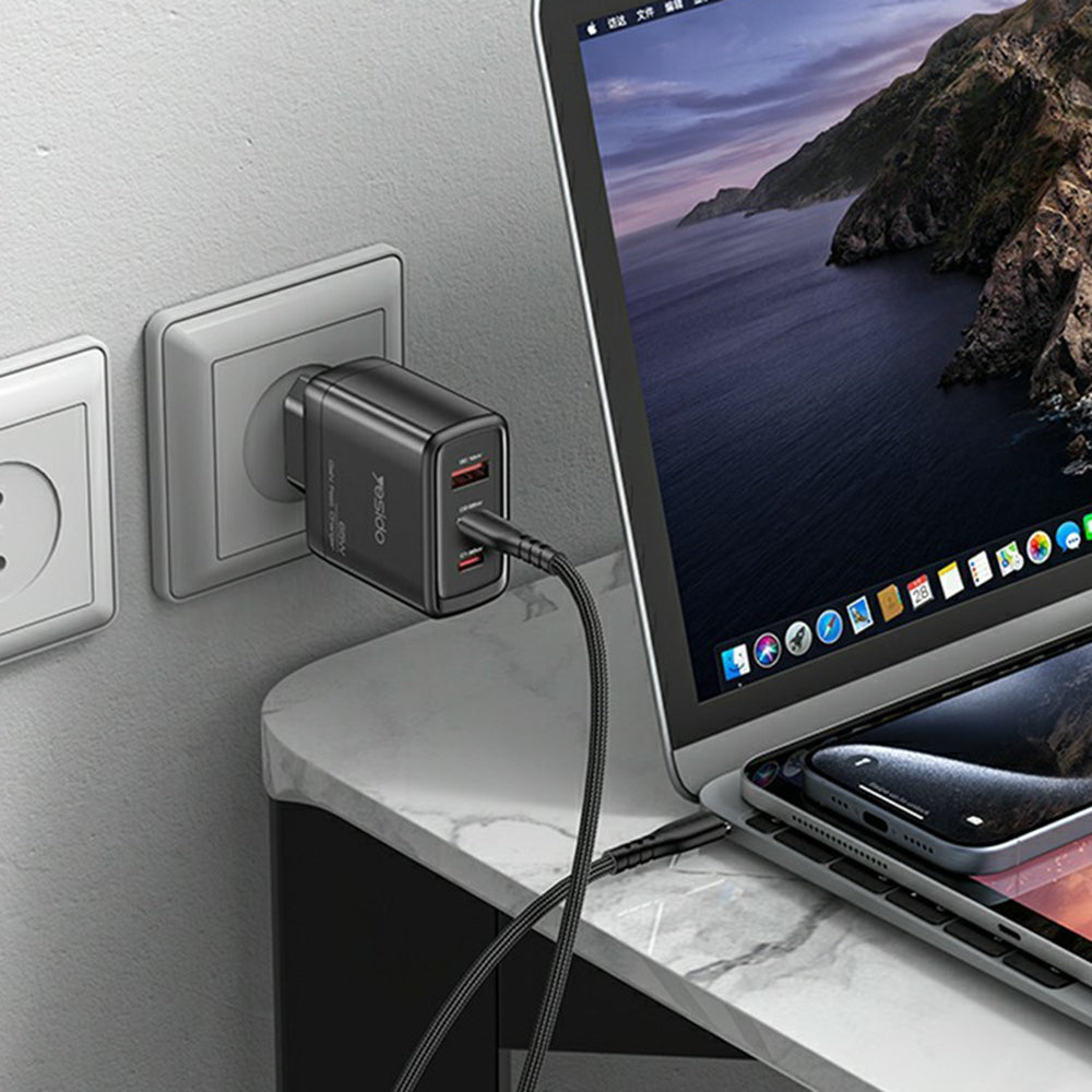 Φορτιστής Δικτύου Yesido YC144, 65W, 3.25A, 1 x USB-A - 2 x USB-C, Μαύρο