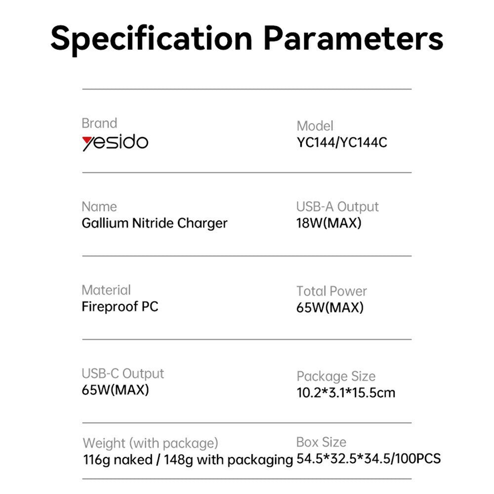 Φορτιστής Δικτύου Yesido YC144, 65W, 3.25A, 1 x USB-A - 2 x USB-C, Μαύρο