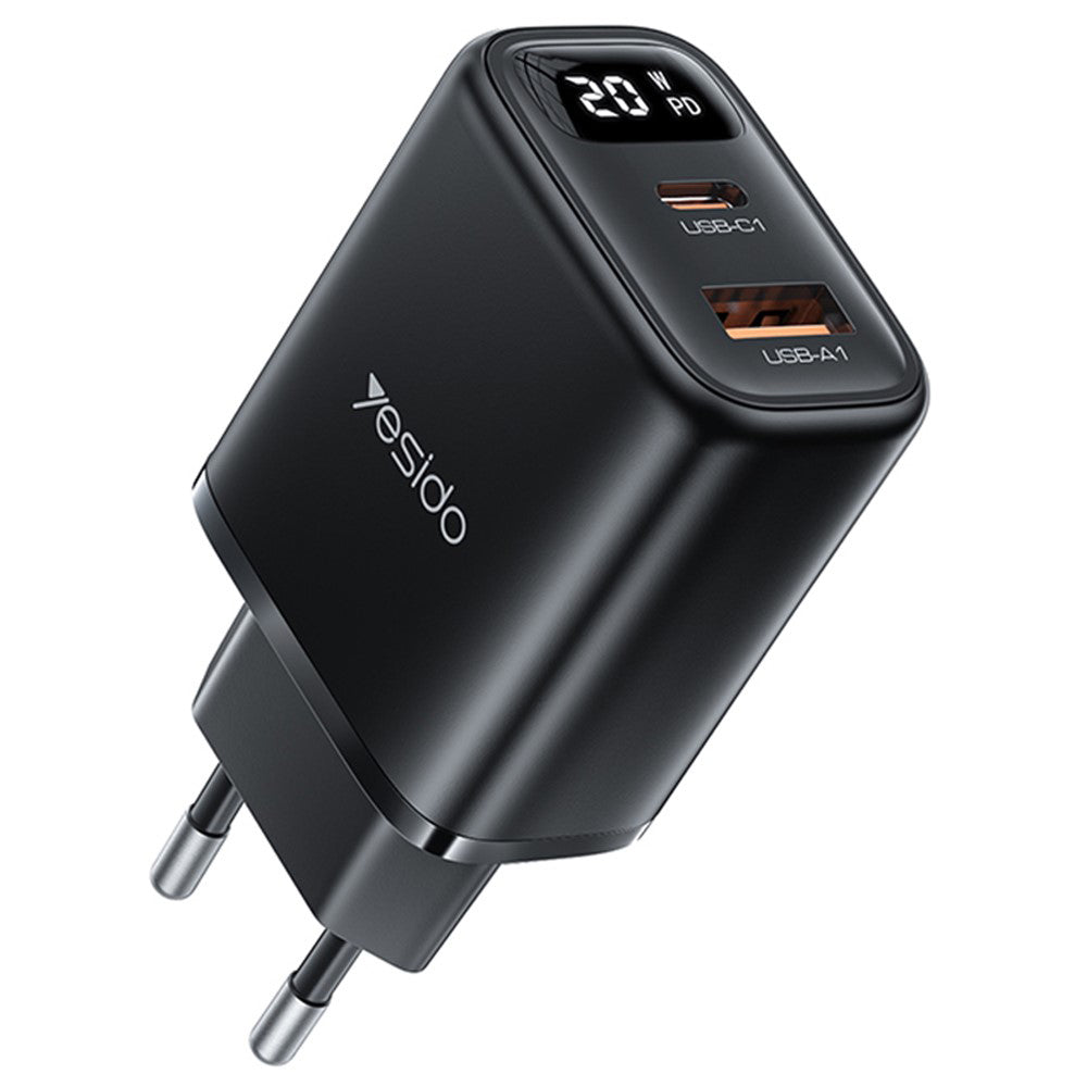 Φορτιστής Δικτύου Yesido YC68, Οθόνη 20W, 3A, 1 x USB-A - 1 x USB-C, Μαύρο